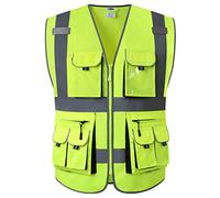 JKSafety 10 Pocket Class 2 High Visibility Zipper Front Yellow Safety Vest with High Reflective Strips - Meets ANSI/ISEA Standards (88-Yellow, Large)