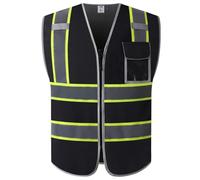 JKSafety 3 Pockets High Visibility Zipper Front Safety Vest MESH Lite | Black with Dual Tone High Reflective Strips | Meets ANSI/ISEA Standards (Black Yellow Strips, X-Large)