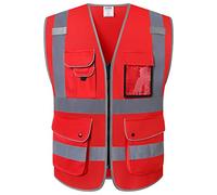 JKSafety Front Safety Vest with 9 High Visibility Zip Pockets with Reflective Strips, ANSI/ISEA Compliant (M, 150 in Red), Red, M, Red, M, Red, M