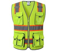 JKSafety High Visibility Safety Vest with 10 Pockets for Men and Women with ANSI/ISEA Class 2 High Visibility Zipper, Jk086-yellow, Extra Grande