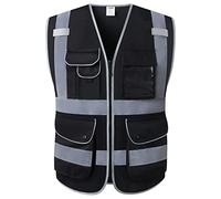 JKSafety High Visibility Zipper Front Safety Vest with 9 Pockets, Class 2, with Reflective Strips, Meets ANSI/ISEA Standards., Jk159-black, Grande