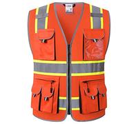 JKSafety High Visibility Zipper Front Safety Vest with 9 Pockets, Class 2, with Reflective Strips, Meets ANSI/ISEA Standards., Jk086-orange, Extra Grande