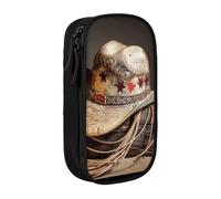 JKSEEPYN American West Rodeo Hat Printed Double-Layer Pencil Case, Black Large Capacity Cute Pen Pencil Pouch for School, Office, Travel, or Makeup Organizer