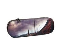 JKSEEPYN Ancient Times Boat Printed Hard Shell Leather Pencil Case & Makeup Bag, Stylish Organizer for School, Office, and Travel