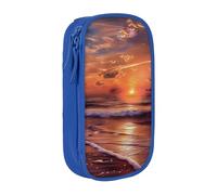 JKSEEPYN Beach Sunrise Printed Double-Layer Pencil Case, Blue Large Capacity Cute Pen Pencil Pouch for School, Office, Travel, or Makeup Organizer