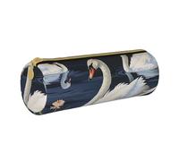 JKSEEPYN Beautiful White Swans on The Lake Printed Leather Pencil Case for Students Girls Boys - Round Stationery Organizer Makeup Pouch for School Office Travel