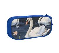 JKSEEPYN Beautiful White Swans on The Lake Printed Pencil Pen Case Blue Makeup Organizer, Double-Layer Zippered Pouch with Pen Slots and Pockets for Office, Travel, or School