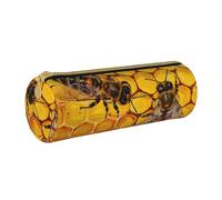 JKSEEPYN Bee On Honeycomb Printed Leather Pencil Case for Students Girls Boys - Round Stationery Organizer Makeup Pouch for School Office Travel