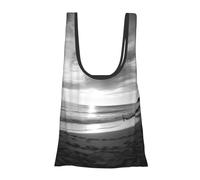 JKSEEPYN Black and White Beach Printed Foldable Shopping Bags Reusable Water Resistant Shoulder Grocery Tote Bags Daily Utility bag 1PCS