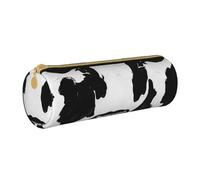 JKSEEPYN Black and White Cow Print Printed Leather Pencil Case for Students Girls Boys - Round Stationery Organizer Makeup Pouch for School Office Travel