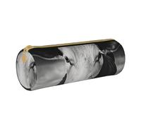 JKSEEPYN Black and White Cow Printed Leather Pencil Case for Students Girls Boys - Round Stationery Organizer Makeup Pouch for School Office Travel