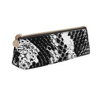 JKSEEPYN Black and White Snake Skin Printed Pencil Case for Students Girls Boys - Triangle PVC Leather Stationery Organizer Makeup Pouch for School Office Travel