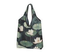 JKSEEPYN Black Lily Pads Printed Shopping Bags Foldable Reusable Washable Shoulder Grocery Tote Bags Daily Utility bag, 1 PCS
