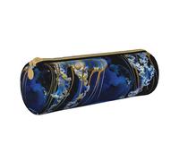 JKSEEPYN Blue and Gold Jellyfish Printed Leather Pencil Case for Students Girls Boys - Round Stationery Organizer Makeup Pouch for School Office Travel