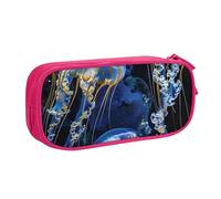 JKSEEPYN Blue and Gold Jellyfish Printed Pencil Pen Case Pink Makeup Organizer, Double-Layer Zippered Pouch with Pen Slots and Pockets for Office, Travel, or School