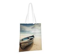JKSEEPYN Boat on the Beach Printed Reusable Canvas Tote Bag Shopping Bags Washable Shoulder Grocery Tote Bags Daily Utility bag