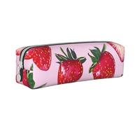 JKSEEPYN Bright Strawberries Printed Leather Pencil Case for Students Girls Boys - Simple Stationery Organizer Makeup Pouch for School Office Travel