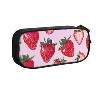 JKSEEPYN Bright Strawberries Printed Pencil Pen Case Black Makeup Organizer, Double-Layer Zippered Pouch with Pen Slots and Pockets for Office, Travel, or School