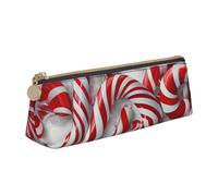JKSEEPYN Candy Canes in Snow Printed Pencil Case for Students Girls Boys - Triangle PVC Leather Stationery Organizer Makeup Pouch for School Office Travel