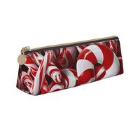 JKSEEPYN Candy Canes Printed Pencil Case for Students Girls Boys - Triangle PVC Leather Stationery Organizer Makeup Pouch for School Office Travel