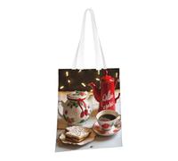 JKSEEPYN Christmas Tea Time Printed Reusable Canvas Tote Bag Shopping Bags Washable Shoulder Grocery Tote Bags Daily Utility bag