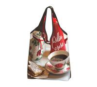 JKSEEPYN Christmas Tea Time Printed Shopping Bags Foldable Reusable Washable Shoulder Grocery Tote Bags Daily Utility bag, 1 PCS