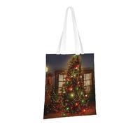 JKSEEPYN Christmas Tree Lights Trojan Printed Reusable Canvas Tote Bag Shopping Bags Washable Shoulder Grocery Tote Bags Daily Utility bag