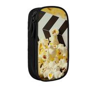 JKSEEPYN Cinema Movie Clapboard and Popcorn Printed Double-Layer Pencil Case, Black Large Capacity Cute Pen Pencil Pouch for School, Office, Travel, or Makeup Organizer