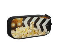 JKSEEPYN Cinema Movie Clapboard and Popcorn Printed Pencil Pen Case Black Makeup Organizer, Double-Layer Zippered Pouch with Pen Slots and Pockets for Office, Travel, or School