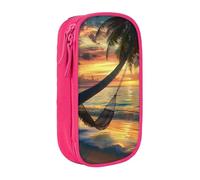 JKSEEPYN Coconut Beach Sunset Hammock Printed Double-Layer Pencil Case, Pink Large Capacity Cute Pen Pencil Pouch for School, Office, Travel, or Makeup Organizer