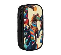 JKSEEPYN Colorful Cartoon Horse Printed Double-Layer Pencil Case, Black Large Capacity Cute Pen Pencil Pouch for School, Office, Travel, or Makeup Organizer