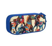 JKSEEPYN Colorful Cartoon Horse Printed Pencil Pen Case Blue Makeup Organizer, Double-Layer Zippered Pouch with Pen Slots and Pockets for Office, Travel, or School
