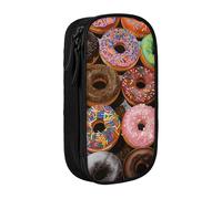JKSEEPYN Colorful Donuts Printed Double-Layer Pencil Case, Black Large Capacity Cute Pen Pencil Pouch for School, Office, Travel, or Makeup Organizer