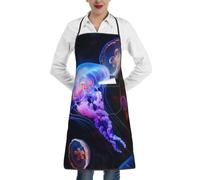 JKSEEPYN Colorful Jellyfish Prints Kitchen Bib Aprons for Women Men, Home Kitchen Adjustable Chef Bakers Waterproof Cooking BBQ Apron with Pockets