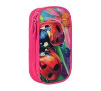 JKSEEPYN Colorful Ladybird Printed Double-Layer Pencil Case, Pink Large Capacity Cute Pen Pencil Pouch for School, Office, Travel, or Makeup Organizer