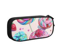 JKSEEPYN Colorful Sweet Lollipop Cupcake Donut Printed Pencil Pen Case Black Makeup Organizer, Double-Layer Zippered Pouch with Pen Slots and Pockets for Office, Travel, or School