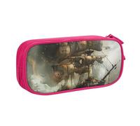 JKSEEPYN Cool Pirate Ship Printed Pencil Pen Case Pink Makeup Organizer, Double-Layer Zippered Pouch with Pen Slots and Pockets for Office, Travel, or School