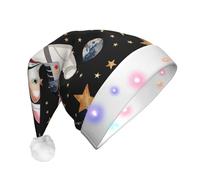 JKSEEPYN Cute cat Astronaut Printed Adult Plush Christmas Hat LED Light Up Santa Hat for Xmas New Year Party