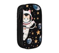 JKSEEPYN Cute cat Astronaut Printed Double-Layer Pencil Case, Black Large Capacity Cute Pen Pencil Pouch for School, Office, Travel, or Makeup Organizer