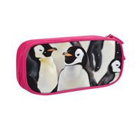 JKSEEPYN Cute Penguin Animal Pattern Printed Pencil Pen Case Pink Makeup Organizer, Double-Layer Zippered Pouch with Pen Slots and Pockets for Office, Travel, or School