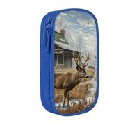 JKSEEPYN Deer Hunting Printed Double-Layer Pencil Case, Blue Large Capacity Cute Pen Pencil Pouch for School, Office, Travel, or Makeup Organizer