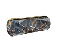 JKSEEPYN Deer in Beautiful Snow Printed Leather Pencil Case for Students Girls Boys - Round Stationery Organizer Makeup Pouch for School Office Travel