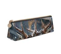 JKSEEPYN Deer in Beautiful Snow Printed Pencil Case for Students Girls Boys - Triangle PVC Leather Stationery Organizer Makeup Pouch for School Office Travel