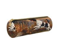 JKSEEPYN Dog Catching Pheasant Printed Leather Pencil Case for Students Girls Boys - Round Stationery Organizer Makeup Pouch for School Office Travel