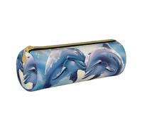 JKSEEPYN Dolphins in Love 1 Printed Leather Pencil Case for Students Girls Boys - Round Stationery Organizer Makeup Pouch for School Office Travel