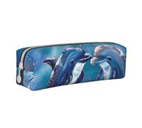 JKSEEPYN Dolphins in Love Printed Leather Pencil Case for Students Girls Boys - Simple Stationery Organizer Makeup Pouch for School Office Travel
