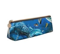 JKSEEPYN Dolphins Sea Turtle Coral Reef Printed Pencil Case for Students Girls Boys - Triangle PVC Leather Stationery Organizer Makeup Pouch for School Office Travel