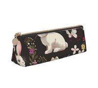 JKSEEPYN Festival Bunny Floral Printed Pencil Case for Students Girls Boys - Triangle PVC Leather Stationery Organizer Makeup Pouch for School Office Travel