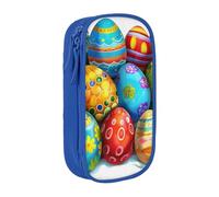 JKSEEPYN Festival Eggs Printed Double-Layer Pencil Case, Blue Large Capacity Cute Pen Pencil Pouch for School, Office, Travel, or Makeup Organizer