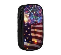 JKSEEPYN Firework American Flag 4Th of July Printed Double-Layer Pencil Case, Black Large Capacity Cute Pen Pencil Pouch for School, Office, Travel, or Makeup Organizer